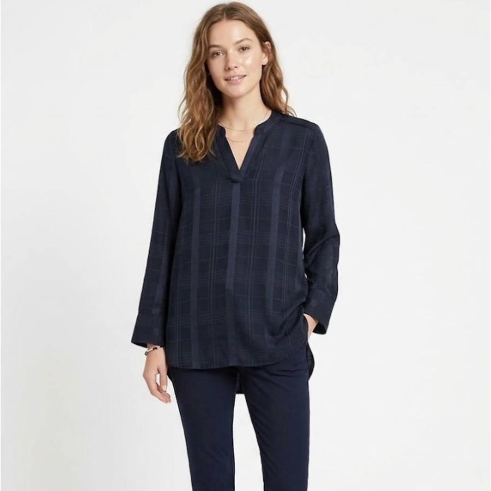 New Banana Republic Medium Navy Plaid Preppyโ Relaxed Popover Blouse Office